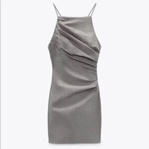 Zara Draped Linen Blend Mini Dress Grey XS